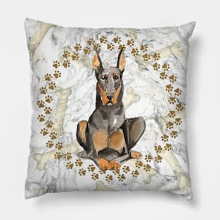 Doberman Dog Paw Prints and Marble Background Pillow