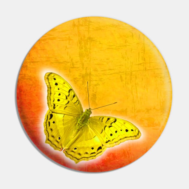 Glowing yellow butterfly on vibrant textured background