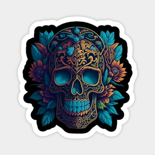 Blossoming Shadows: Black and Gold Sugar Skull Art with Floral Intricacy Magnet