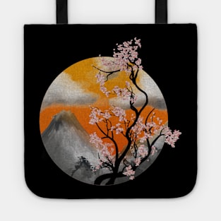 Japanese cherry tree watercolor painting with mountains Tote
