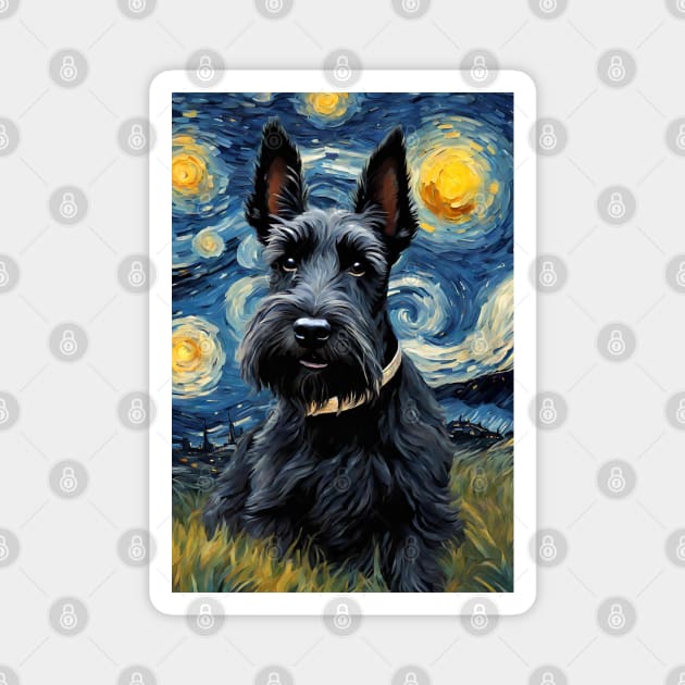 Adorable Scottish Terrier Dog Breed Painting in a Van Gogh Starry Night Art Style Magnet by Art-Jiyuu