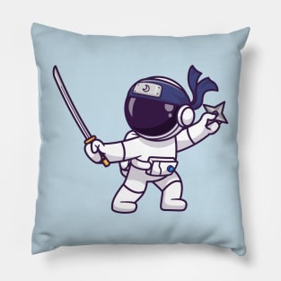 Cute Astronaut Ninja Holding Sword And Shuriken Cartoon Pillow