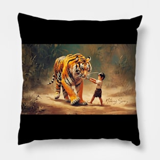 kids holding tiger Pillow