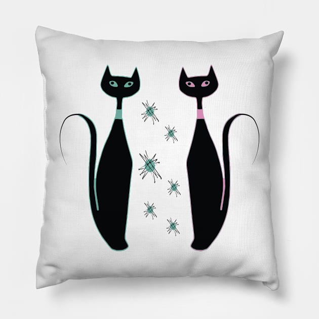 Mid Mod Pink and Turquoise Kitties Pillow by Lisa Williams Design