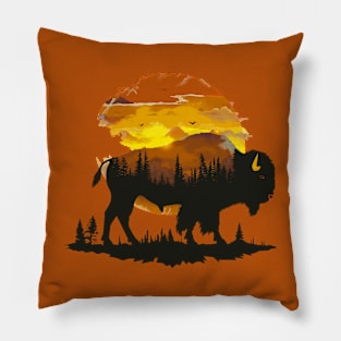 Great American Bison Buffalo Vintage Retro Sunset Pillow