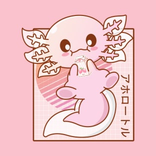 Kawaii Axolotl Strawberry Milk Shake Carton Japanese Anime T-Shirt