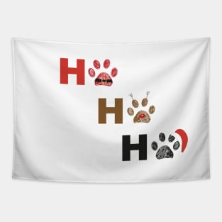 Ho Ho Ho text Paw prints with santa claus, deer and red hat Tapestry