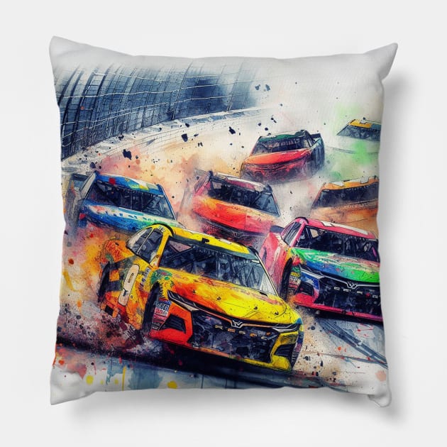 Artistic illustration of Stock car racing Pillow by WelshDesigns