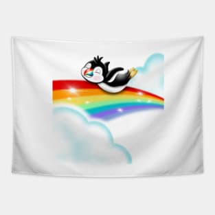 Puffin riding a rainbow Tapestry