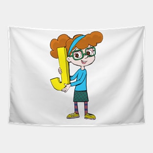 girl with glasses is holding the letter J Tapestry