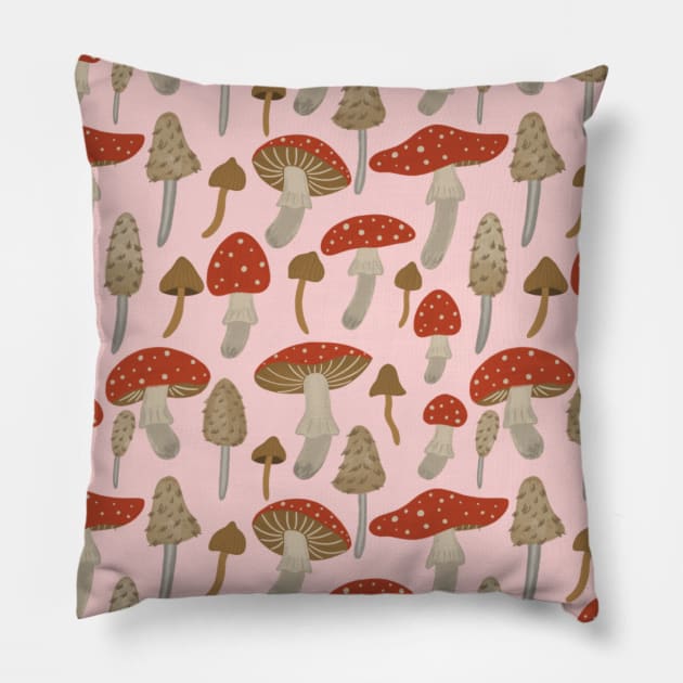 Cottagecore Mushroom Pattern Toadstool Forest Pink Red Pillow by Kdeal12