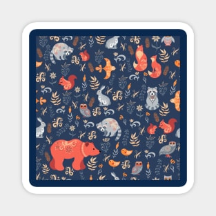 Forest animals and birds on a blue background. Magnet