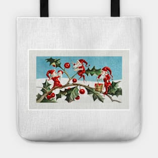 Santa elves painting berries on holly leaves Tote