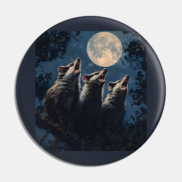 Funny Three Opposum Moon Howling At The Moon Pet Possum Pin by RetroZin