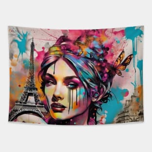 Lady in Paris, Graffiti art, splash art, street art, spray paint, colourful art Tapestry