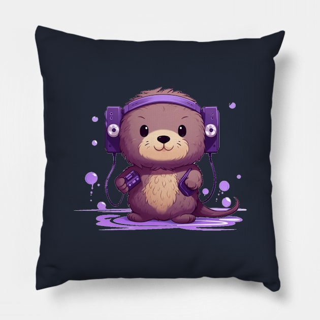 Kawaii sea otter listen music on the Purple tape cassette Pillow by MilkyBerry