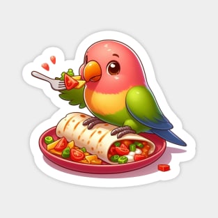 cute love birds are eating Mexican specialties, Tacos, Burritos, Enchiladas, Quesadillas, Guacamole, Fajitas, Chiles Rellenos, Tamales, Mole, Chilaquiles, Magnet