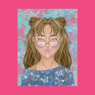 Boho Cute Girl Portrait Art Design Anime Inspired Tee for Whimsical Fashion T-Shirt