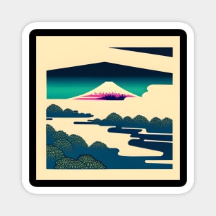 Mount Fuji surrounded by trees and river. Magnet