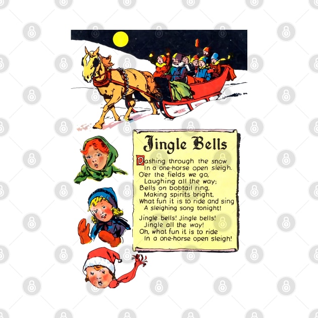 Jingle Bells Marry Christmas horse with sleigh in the snow under the moon Retro Vintage Comic by REVISTANGO