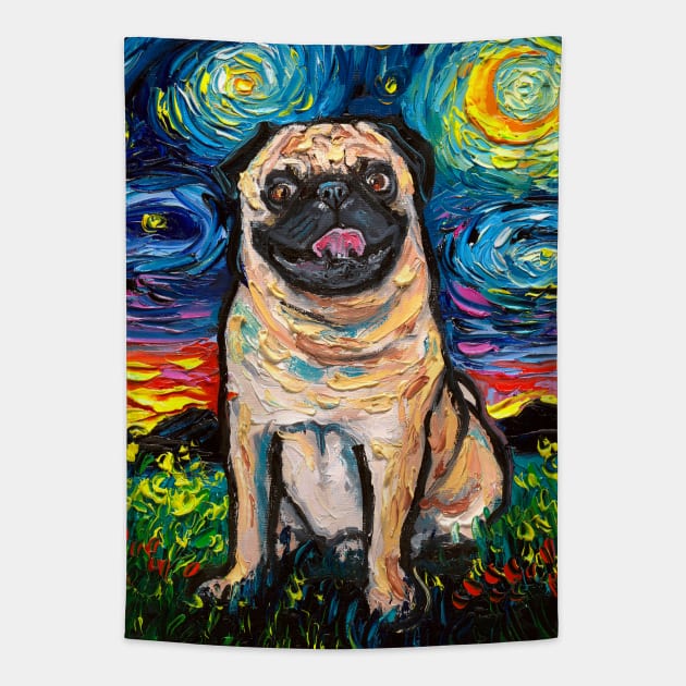 Happy Fawn Pug Starry Night Tapestry by sagittariusgallery