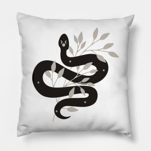 Watercolor Black Snake Moon Phase and Celestial Markings With Wildflower Silhoutte in Taupe Pillow