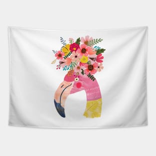 Cute Flamingo in pink and yellow with flowers on head Tapestry