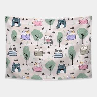 Seamless Pattern trees Cute Kawaii Cats Tapestry