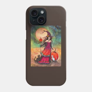 October Moon Witch and Cat Fantasy Art Illustration Phone Case