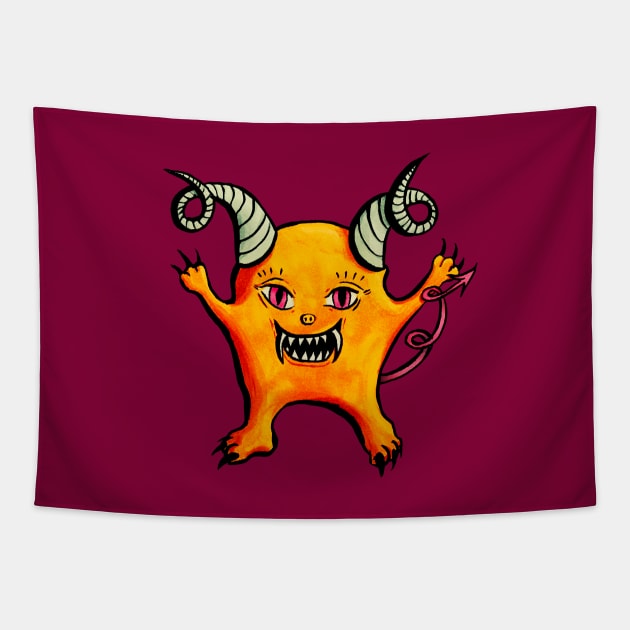 Creepy Cute Horned Little Devil Creature Tapestry by Boriana Giormova