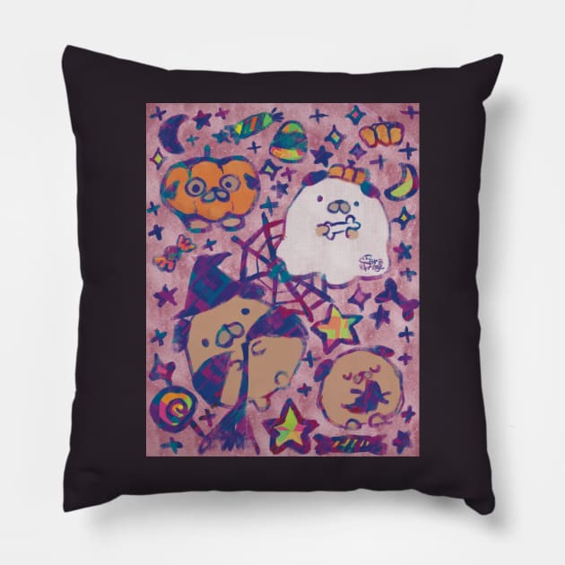 Happy Pug-O-Ween! #2 coloured Pillow by Sara Spring