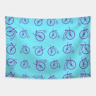 Purple Retro Bicycle Pattern on Blue Background Tapestry