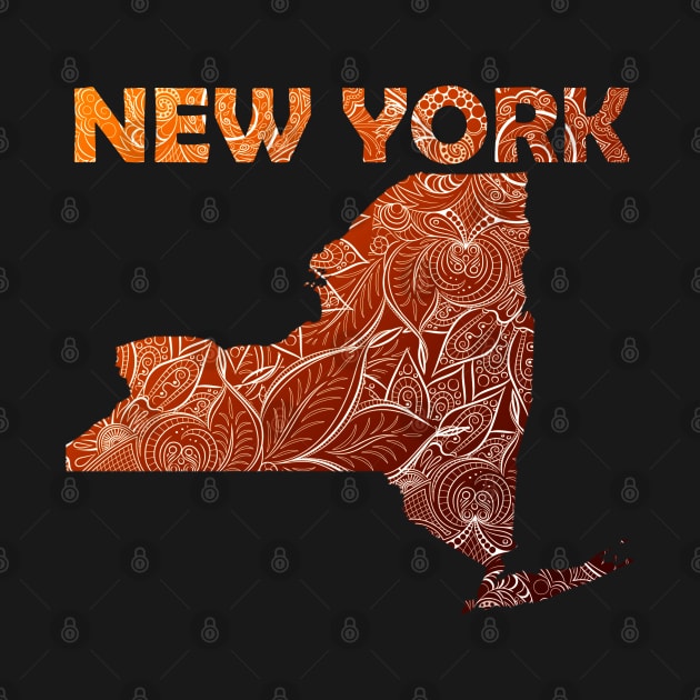 Colorful mandala art map of New York with text in brown and orange by Happy Citizen