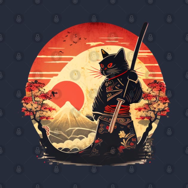 Ninja Cat Japanese Vintage Sunset Sword by YuriArt