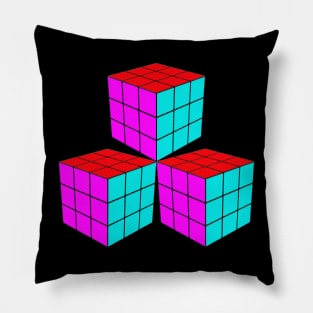 Three Rubik Cubes in a Triangle - Pink, Red and Light Blue Pillow