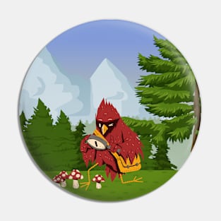 Cardinal Bird Picking Mushrooms on a Sunny Day Pin