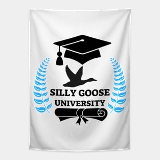 Silly Goose University - Flying Goose Black Design With Blue Details Tapestry