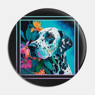 Loyal Dalmatian Dog Floral Vibrant Tropical Digital Oil Painting Pet Portrait Pin