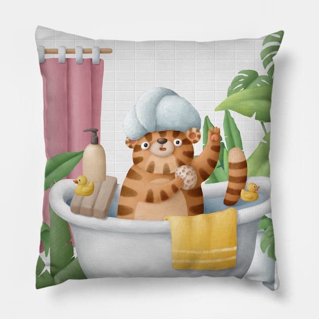 Cute tiger in bath Pillow by CaptainPixel