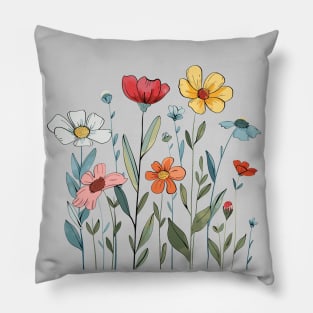Meadow flowers line art spring vibe Pillow