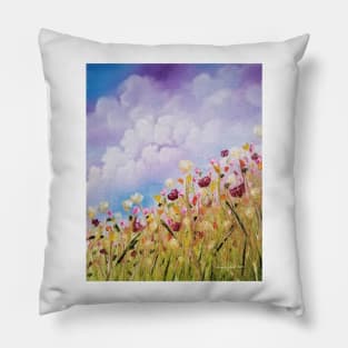 Look to the Light, Daylight flowers, flowers impressionism, wild flowers, clouds, skyscape, cloudy sky with flowers Pillow
