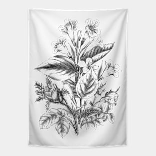 Flower Bouquet Black and White Vintage Botanical Illustration Tapestry