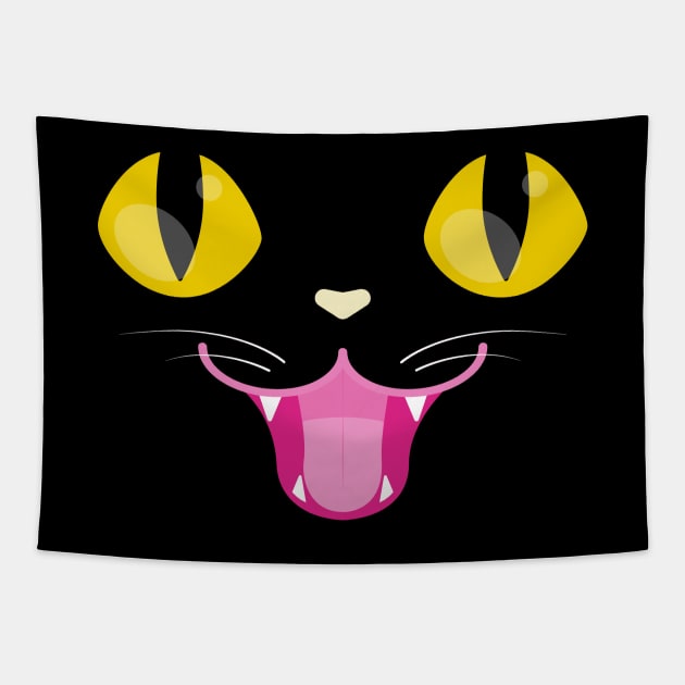 Black Cat Face Happy Halloween Kitty Yellow Pink & White w/ Whiskers and Fangs Tapestry by Always Growing Boutique