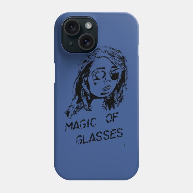 The magic of glasses , a black sketch of a woman with a caption . Phone Case by Bird