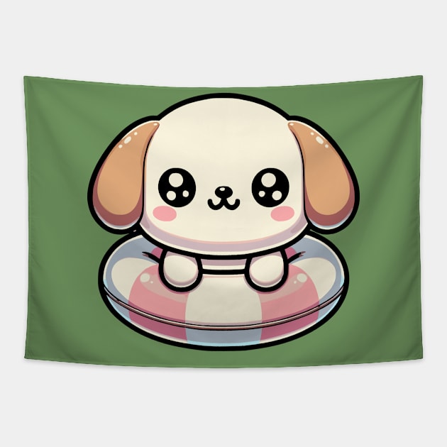 Kawaii Puppy on a Pool Floater Tapestry by Mey Designs