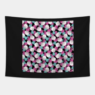 Moonflowers - pink and turquoise on black Tapestry