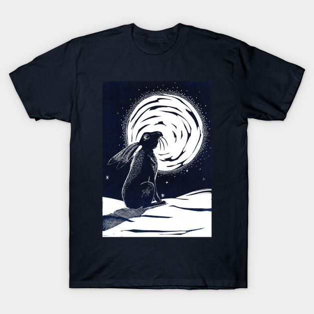 Discover Moon Gazing Hare in Winter Linocut - Hare - T-Shirt