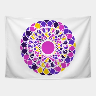 Repeated elements in round geometric ornament in random bright neon colors Tapestry