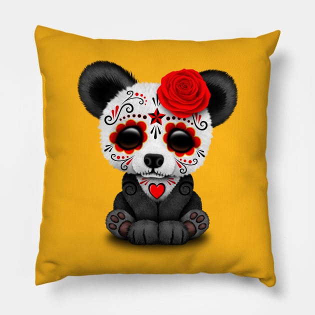 Red Day of the Dead Sugar Skull Panda Pillow by jeffbartels