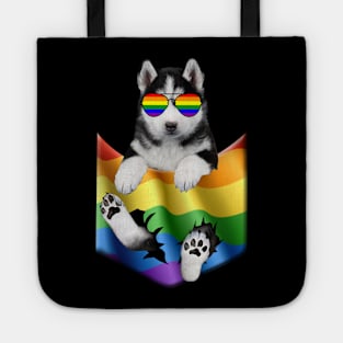 Husky In Pocket LGBT Pride Flag For Dog Lovers Tote